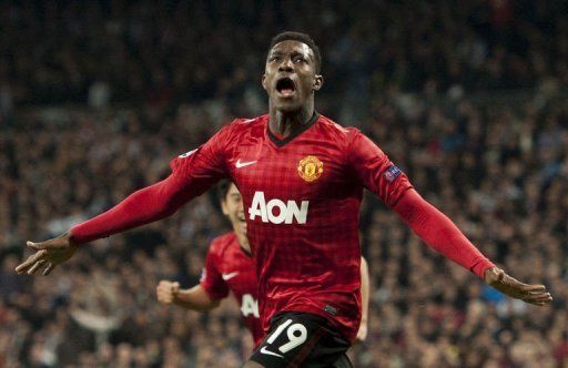 Manchester United&#039;s striker Danny Welbeck celebrates after scoring in Madrid on February 13, 2013