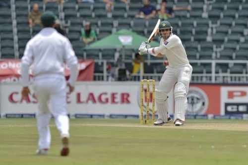 Pakistan's Misbah-ul-Haq (R) during day two of the first Test against South Africa in Johannesburg on February 2, 2013