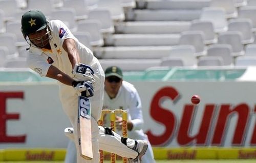 Pakistan's Misbah-ul-Haq plays a shot before being dismissed for 0 at Newlands in Cape Town on February 14, 2013