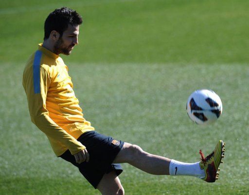 Barcelona&#039;s midfielder Cesc Fabregas controls the ball during a training session  near Barcelonaon on February 13, 2013