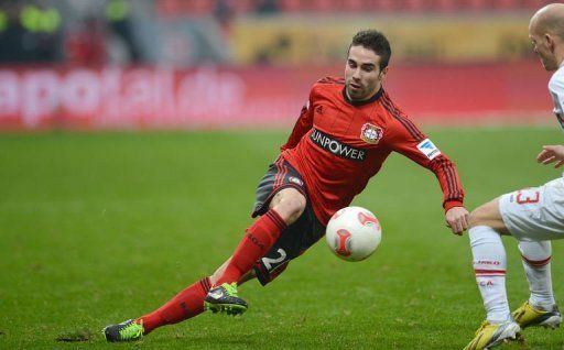 Leverkusen&#039;s defender Daniel Carvajal plays the ball in Leverkusen, western Germany, on February 16, 2013