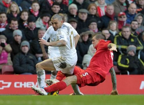 Liverpool's Daniel Agger (R) vies with Swansea City's Itay Shechter (L) at Anfield in Liverpool on February 17, 2013