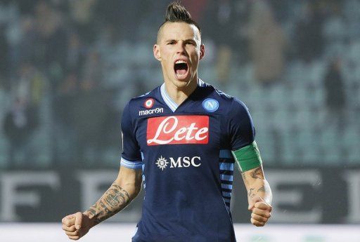 Napoli&#039;s Marek Hamsik celebrates in Siena on December 22, 2012