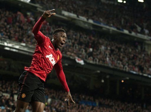 Danny Welbeck celebrates scoring during the Champions League game at Real Madrid on February 13, 2013