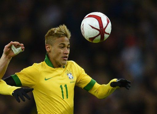 Brazil&#039;s striker Neymar in action at Wembley Stadium in north London on February 6, 2013