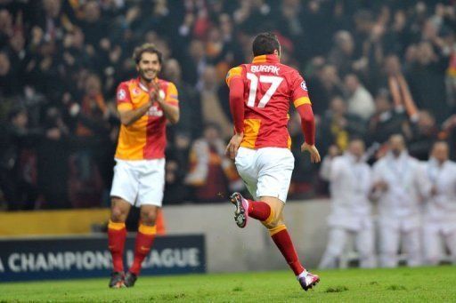 Galatasaray&#039;s Yilmaz Burak celebrates after scoring in Istanbul on February 20, 2013