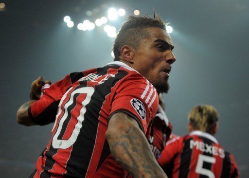 Kevin-Prince Boateng celebrates scoring against Barcelona in the Champions League on February 20, 2013