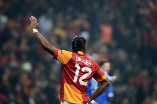 Galatasaray forward Didier Drogba gestures in Istanbul on February 20, 2013