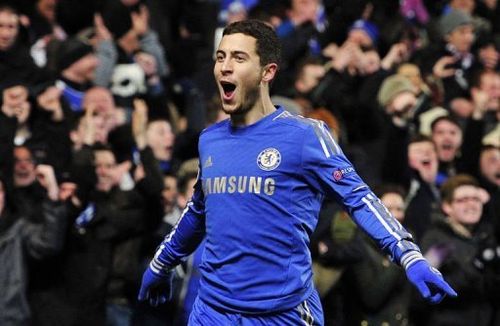 Chelsea's midfielder Eden Hazard celebrates scoring his late goal on February 21, 2013