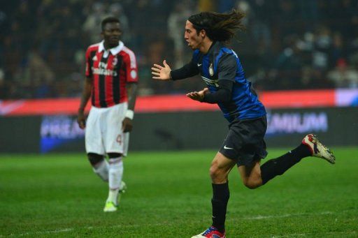 Inter Milan&#039;s Ezequiel Schelotto celebrates after scoring at San Siro Stadium in Milan  on February 24, 2013