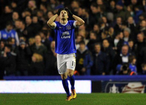 Everton&#039;s striker Kevin Mirallas celebrates scoring at Goodison Park in Liverpool, February 26, 2013