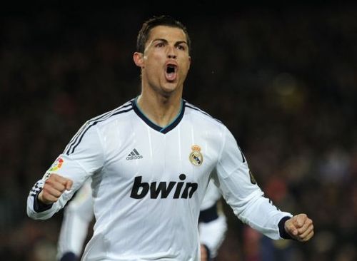 Real Madrid's Cristiano Ronaldo celebrates after scoring in Barcelona on February 26, 2013