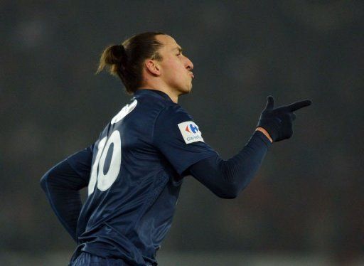 Paris Saint-Germain&#039;s Zlatan Ibrahimovic celebrates after scoring on February 27, 2013 at the Parc-des-Princes