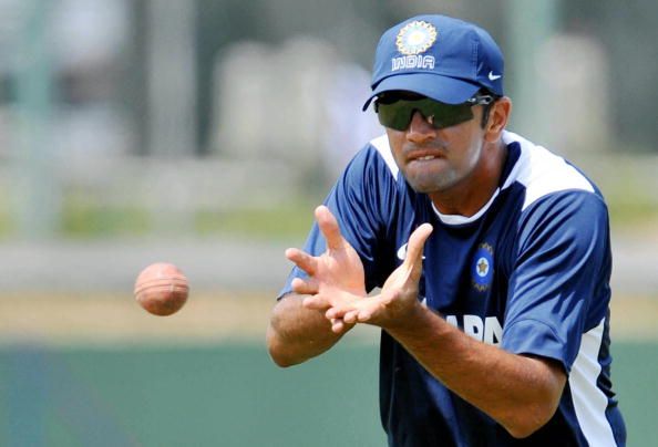 Indian cricketer Rahul Dravid catches a