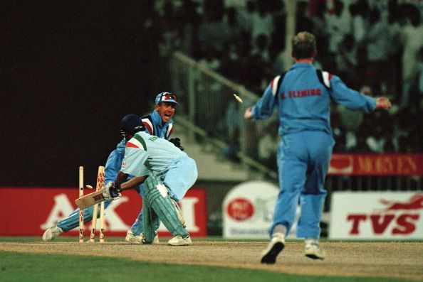 Sachin Tendulkar batting for India is out for 91 runs, stumped by England wicketkeeper Alec Stewart off the bowling of Matthew Fleming during the Champions Trophy match against England in Sharjah, 11th December 1997. England won the match by 7 runs.