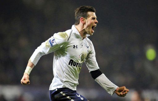 Spurs&#039; Gareth Bale celebrates after scoring agaisnt West Ham at Upton Park in east London, on February 25, 2013