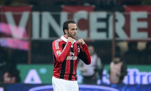 AC Milan's forward Giampaolo Pazzini celebrates after scoring on March 2, 2012 at San Siro Stadium in Milan