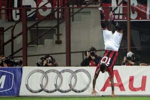 AC Milan&#039;s defender Prince Kevin Boateng celebrates after scoring on March 2, 2012 at San Siro Stadium in Milan