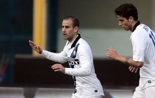 Inter Milan's Rodrigo Palacio (L) celebrates after scoring on March 3, 2012 at Angelo Massimino stadium in Catania