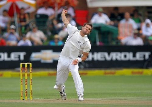 New Zealand's Doug Bracewell bowls during a cricket match in Port Elizabeth, South Africa on January 11, 2013