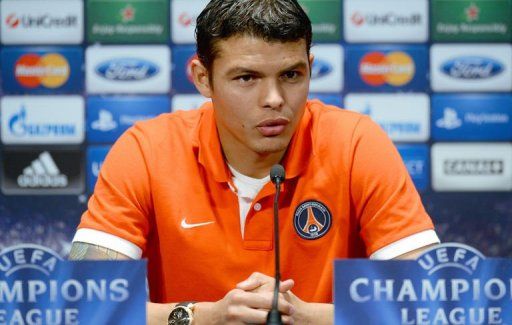 Paris Saint-Germain&#039;s Thiago Silva gives a press conference at the Parc des Princes stadium in Paris, on March 5, 2013