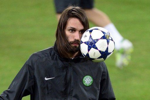 Celtic forward Giorgios Samaras looks at the ball during a training session in Turin on March 5, 2013