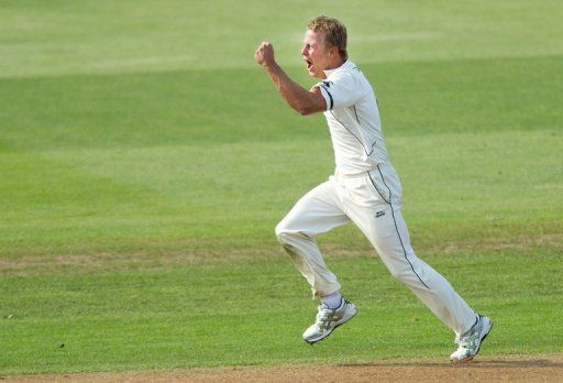 New Zealand&#039;s Neil Wagner celebrates the wicket of Kevin Pietersen during the Test against England on March 7, 2013