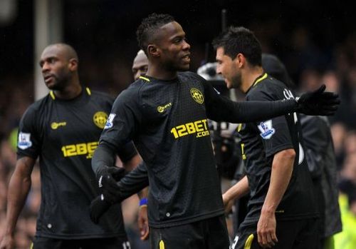 Wigan's Maynor Figueroa celebrates a goal in the FA Cup quarter-final against Everton in Liverpool on March 9, 2013