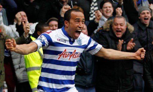 Queens Park Rangers midfielder Andros Townsend celebrates scoring at the Loftus Road Stadium in London on March 9, 2013