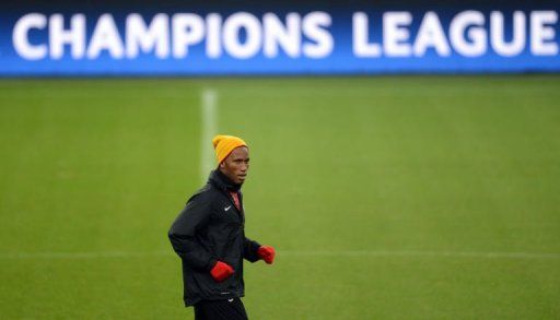 Galatasaray&#039;s Didier Drogba warms up during a training session in Gelsenkirchen on March 11, 2013
