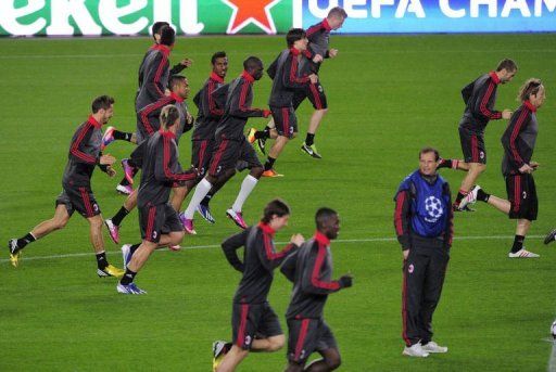AC Milan train at the Camp Nou on March 11, 2013, the eve of the UEFA Champions League match against holders Barcelona
