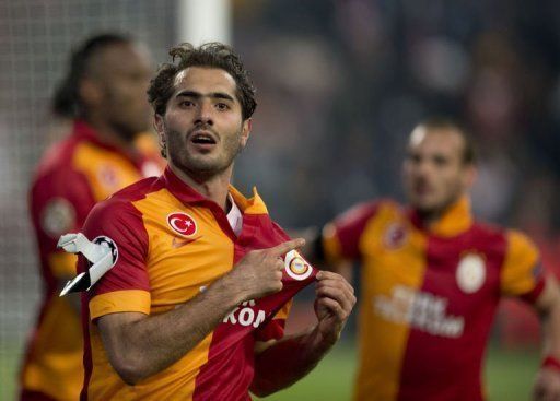 Galatasaray&#039;s Hamit Altintop celebrates scoring in Gelsenkirchen on March 12, 2013