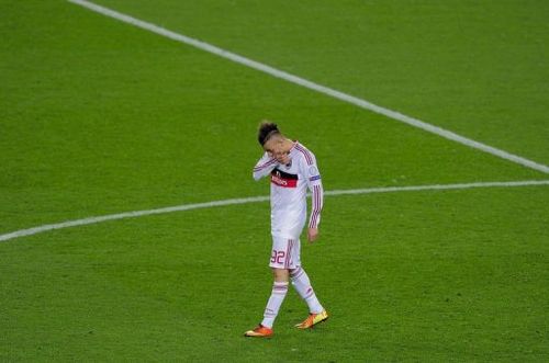 AC Milan's forward Stephan El Shaarawy reacts at Camp Nou stadium in Barcelona on March 12, 2013