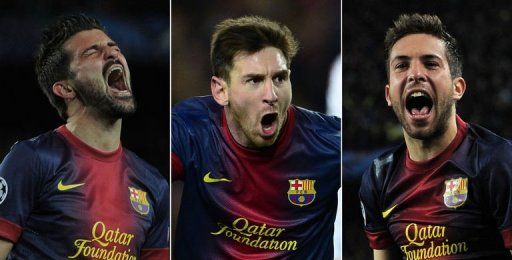 L-R: Barcelona&#039;s David Villa, Lionel Messi and Jordi Alba celebrating after scoring at Camp Nou on March 12, 2013