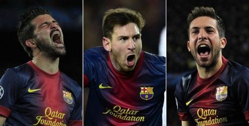 L-R: Barcelona's David Villa, Lionel Messi and Jordi Alba celebrating after scoring at Camp Nou on March 12, 2013