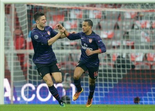 Olivier Giroud (L) and Theo Walcott during the UEFA Champions League clash at Bayern Munich on March 13, 2013