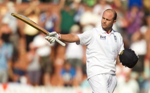 England&#039;s Jonathan Trott celebrates his century on day one of the second Test against New Zealand on March 14, 2013