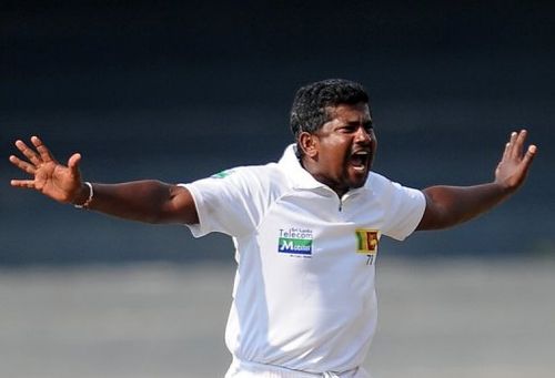 Sri Lanka's Rangana Herath appeals for a wicket during the second Test against Bangladesh in Colombo, on March 16, 2013