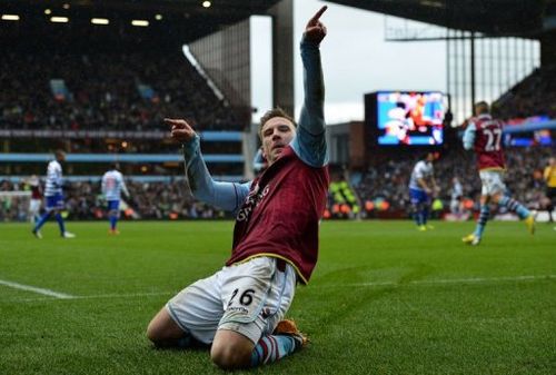 Aston Villa's forward Andreas Weimann celebrates scoring in Birmingham, central England, on March 16, 2013