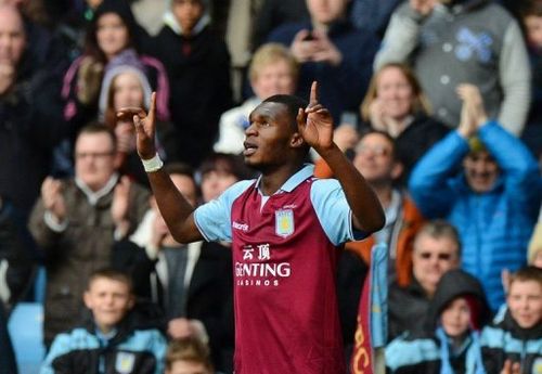 Aston Villa's forward Christian Benteke celebrates after scoring a goal at Villa Park in Birmingham, March 16, 2013