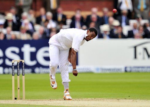 West Indies&#039; Shannon Gabriel bowls in London, on May 19, 2012
