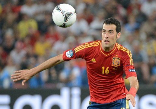 Spanish midfielder Sergio Busquets runs for the ball on June 23, 2012 at the Donbass Arena in Donetsk