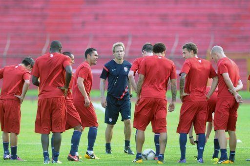 US coach Jurgen Klinsmann, speaks to players during a training session, February 5, 2013