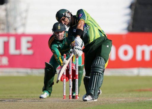 Misbah ul-Haq of Pakistan hits a six on March 21, 2013 in Durban