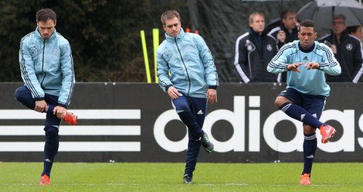 Germany players attend a training session on March 20, 2013 prior to the World Cup qualifier against Kazakhstan