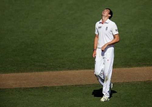 England's Steven Finn celebrates his sixth wicket against New Zealand, at Eden Park in Auckland, on March 23, 2013