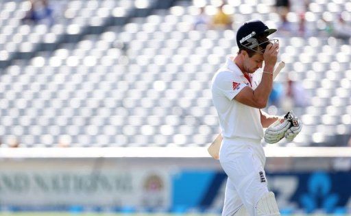 England&#039;s Nick Compton is dismissed for 13 runs by New Zealand&#039;s Tim Southee at Eden Park in Auckland on March 24, 2013