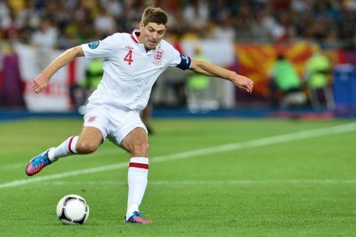 English midfielder Steven Gerrard shoots during the Euro 2012 football championships, June 24, 2012 Kiev