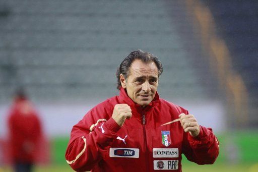 Italy coach Cesare Prandelli supervises a training session in Torshavn, on September 1, 2011