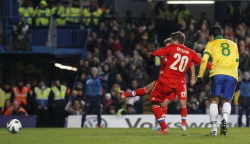 Midfielder Victor Fayzulin puts Russia ahead against Brazil on March 25, 2013